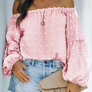 Pink Swiss Dot Off The Shoulder Shirt
